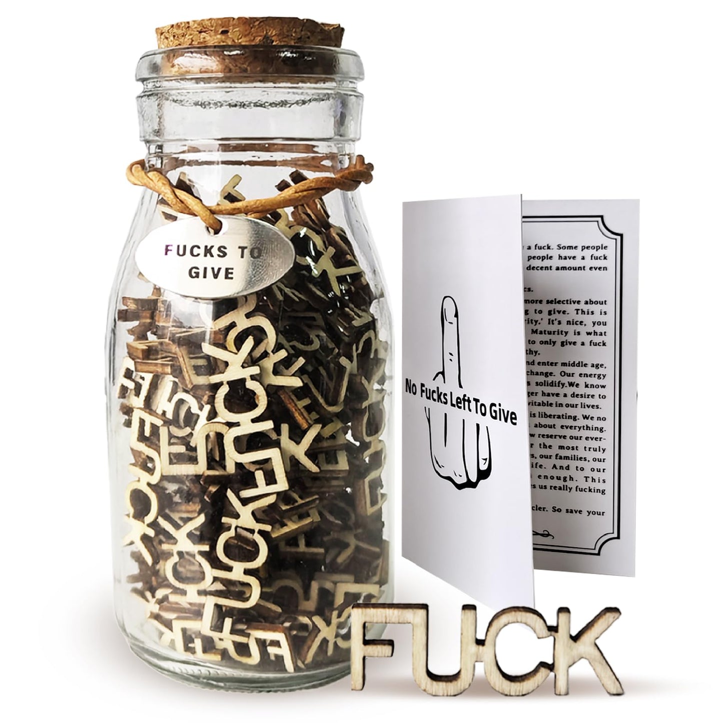 Jar of Fucks to Give Fuck Jar Gag Gifts 100 Fu c k s Wooden Letters in A Jar with Metal Tag