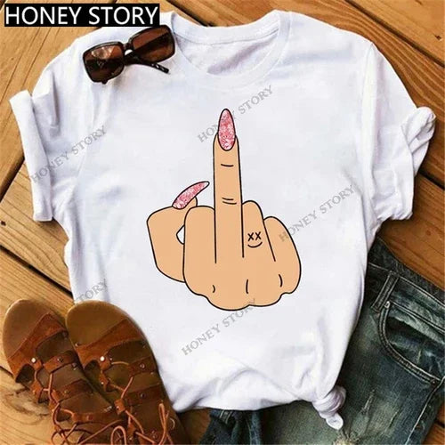 Funny Middle Finger T Shirt Gesture Middle Finger Printed Round Neck T-shirt Women Short Sleeve Harajuku