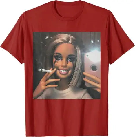 Dark Humor Doll Smoking Selfie Parody Sarcastic Joke Funny T-Shirt Novelty Gift Girls Fashion Aesthetic Clothes Streetwear Tee