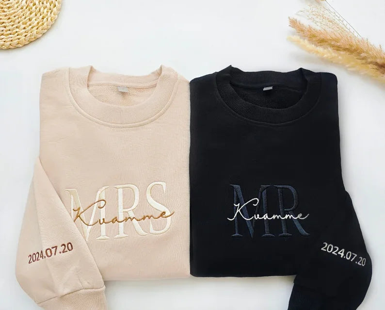 Custom Mrs. Embroidered Sweatshirt, Gift for future Mrs & Mr engagement gift, bride to be, date on sleeve, Valentine's Day gift