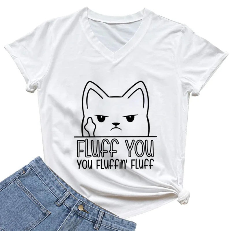 Middle Finger Cat You Fluffin Fluff Print T Shirt Women V Neck Vintage Tshirt Short Sleeve Tee Funny Animal Cats Women T-shirt