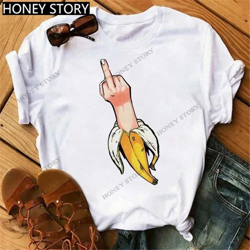 Funny Middle Finger T Shirt Gesture Middle Finger Printed Round Neck T-shirt Women Short Sleeve Harajuku