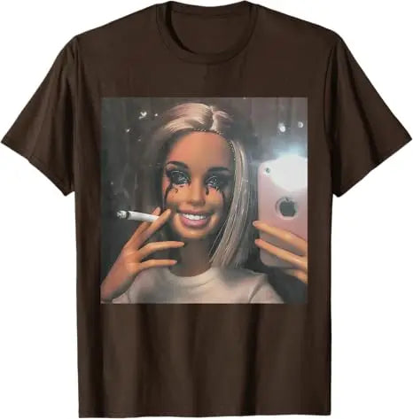 Dark Humor Doll Smoking Selfie Parody Sarcastic Joke Funny T-Shirt Novelty Gift Girls Fashion Aesthetic Clothes Streetwear Tee