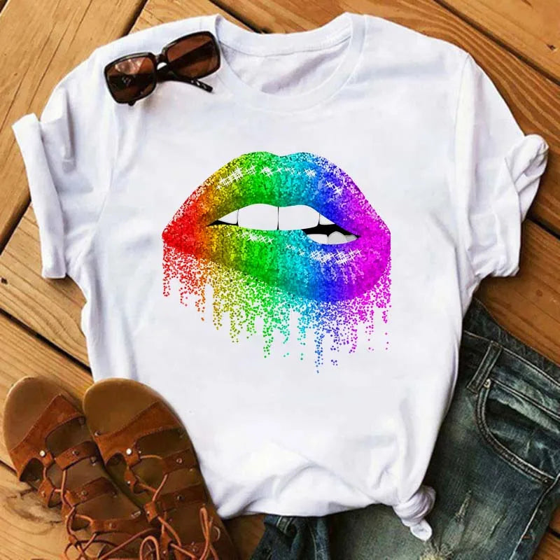 Women Summer Short Sleeve Tshirts Fashion Red Lips Finger Print Ladies T-shirts Top Cartoon Womens Graphic Tees T-Shirts