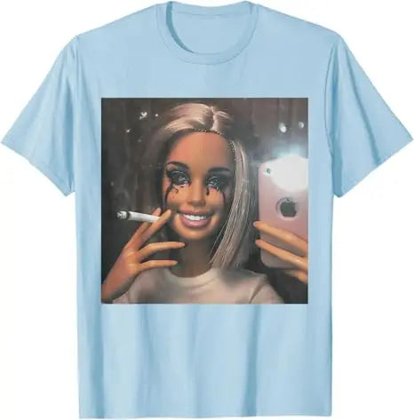 Dark Humor Doll Smoking Selfie Parody Sarcastic Joke Funny T-Shirt Novelty Gift Girls Fashion Aesthetic Clothes Streetwear Tee