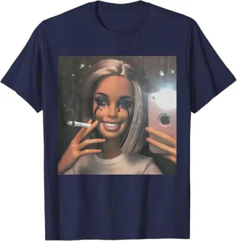 Dark Humor Doll Smoking Selfie Parody Sarcastic Joke Funny T-Shirt Novelty Gift Girls Fashion Aesthetic Clothes Streetwear Tee