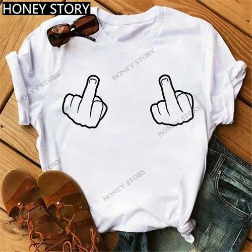 Funny Middle Finger T Shirt Gesture Middle Finger Printed Round Neck T-shirt Women Short Sleeve Harajuku