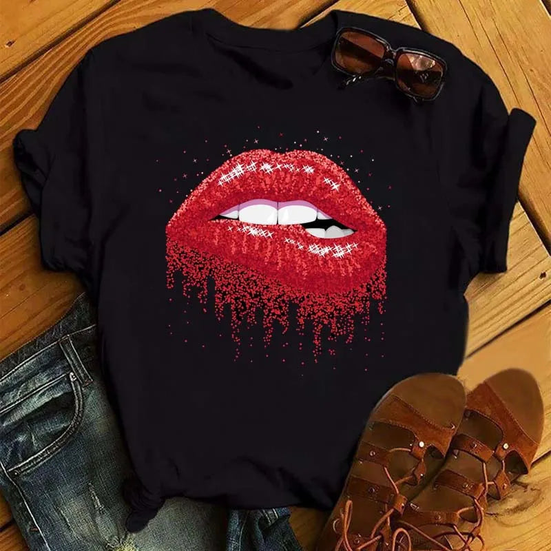 Women Summer Short Sleeve Tshirts Fashion Red Lips Finger Print Ladies T-shirts Top Cartoon Womens Graphic Tees T-Shirts