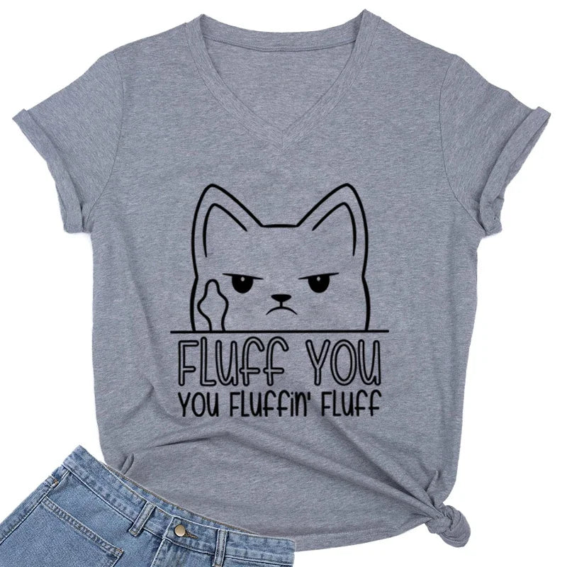 Middle Finger Cat You Fluffin Fluff Print T Shirt Women V Neck Vintage Tshirt Short Sleeve Tee Funny Animal Cats Women T-shirt