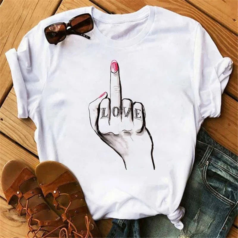 Funny Middle Finger T Shirt Gesture Middle Finger Printed Round Neck T-shirt Women Short Sleeve Harajuku