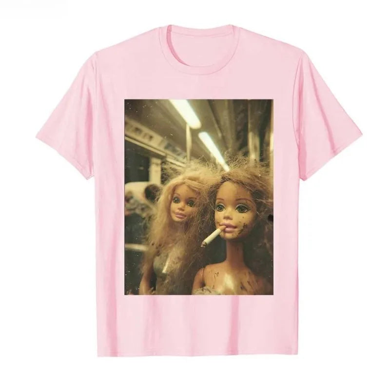 Funny Doll Meme T-Shirt Men Women Summer Subway Cigarette Scene Vintage Graphic Tee Streetwear Short Sleeve Casual Top