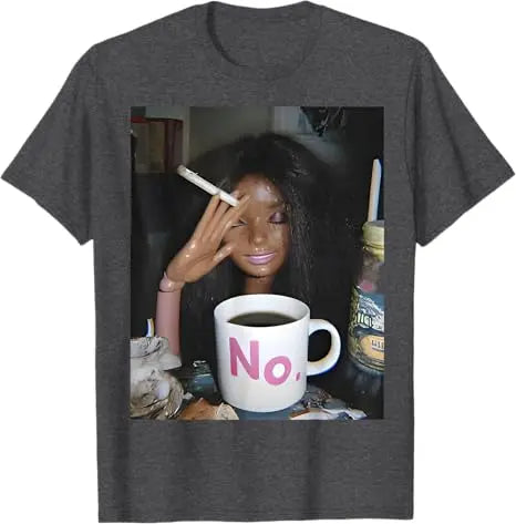 Y2k Cute Distressed Smoking Doll Face Drink Coffee Meme T-Shirt Humor Funny Doll Face Swimming Graphic Saying Tee Novelty Gift