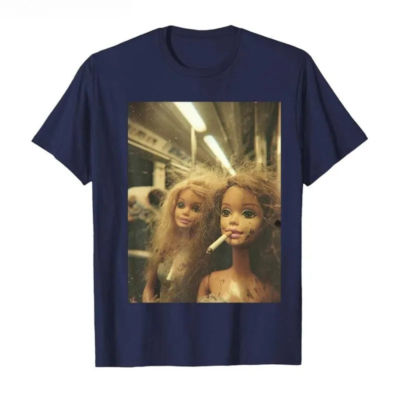 Funny Doll Meme T-Shirt Men Women Summer Subway Cigarette Scene Vintage Graphic Tee Streetwear Short Sleeve Casual Top