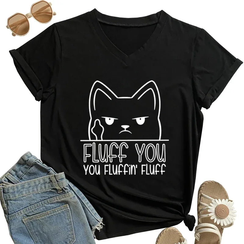 Middle Finger Cat You Fluffin Fluff Print T Shirt Women V Neck Vintage Tshirt Short Sleeve Tee Funny Animal Cats Women T-shirt