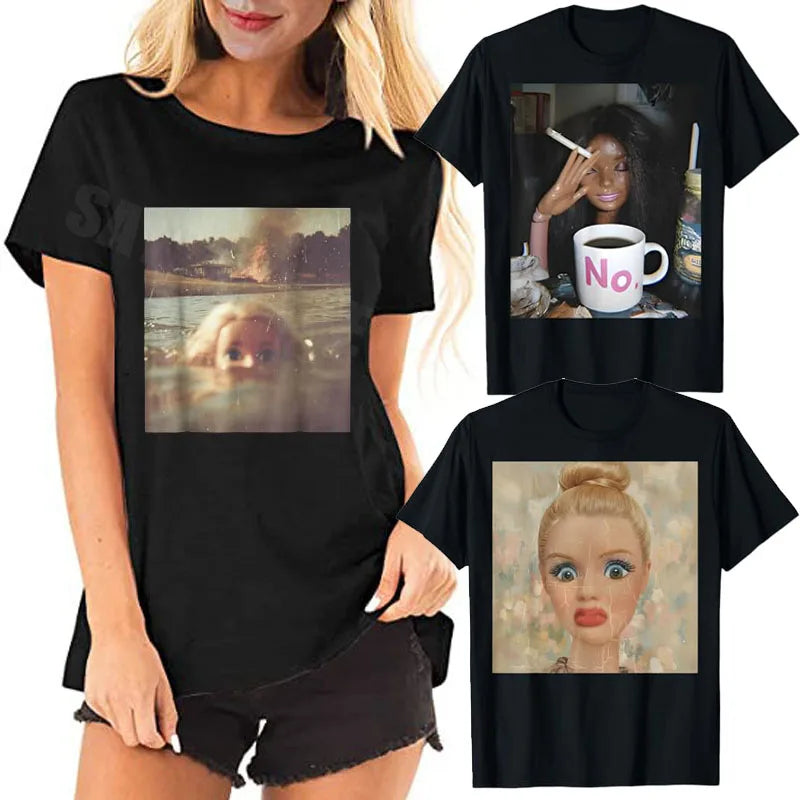 Y2k Cute Distressed Smoking Doll Face Drink Coffee Meme T-Shirt Humor Funny Doll Face Swimming Graphic Saying Tee Novelty Gift