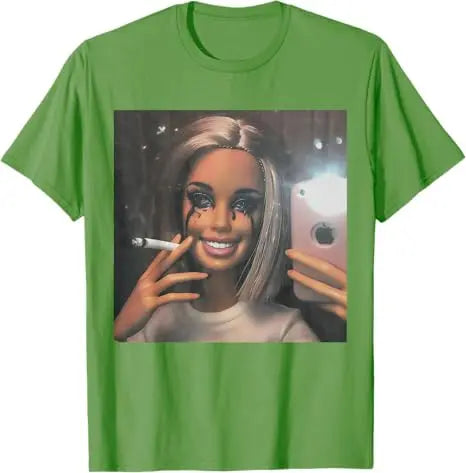 Dark Humor Doll Smoking Selfie Parody Sarcastic Joke Funny T-Shirt Novelty Gift Girls Fashion Aesthetic Clothes Streetwear Tee