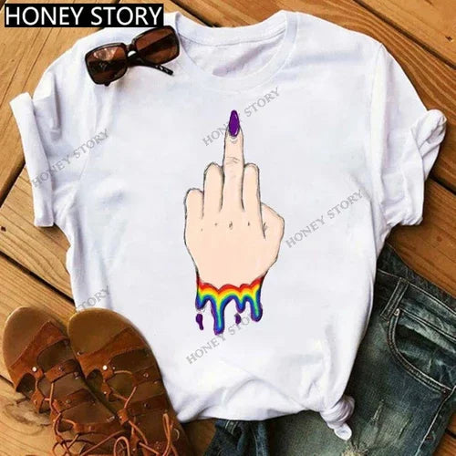 Funny Middle Finger T Shirt Gesture Middle Finger Printed Round Neck T-shirt Women Short Sleeve Harajuku