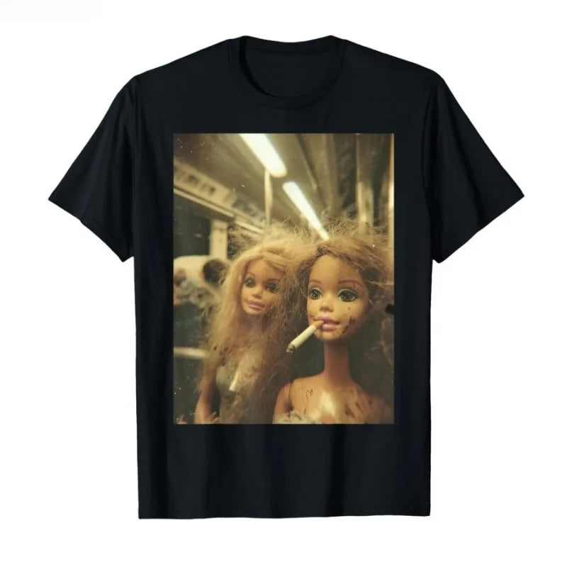 Funny Doll Meme T-Shirt Men Women Summer Subway Cigarette Scene Vintage Graphic Tee Streetwear Short Sleeve Casual Top