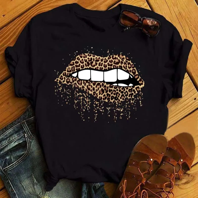 Women Summer Short Sleeve Tshirts Fashion Red Lips Finger Print Ladies T-shirts Top Cartoon Womens Graphic Tees T-Shirts