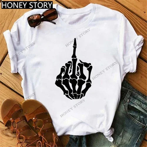Funny Middle Finger T Shirt Gesture Middle Finger Printed Round Neck T-shirt Women Short Sleeve Harajuku