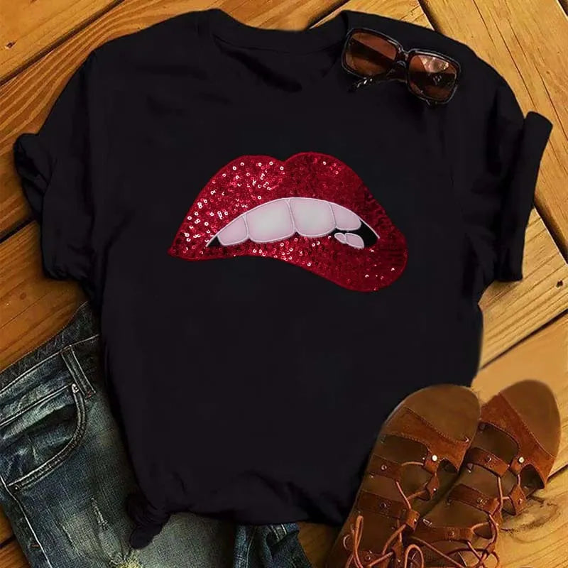 Women Summer Short Sleeve Tshirts Fashion Red Lips Finger Print Ladies T-shirts Top Cartoon Womens Graphic Tees T-Shirts