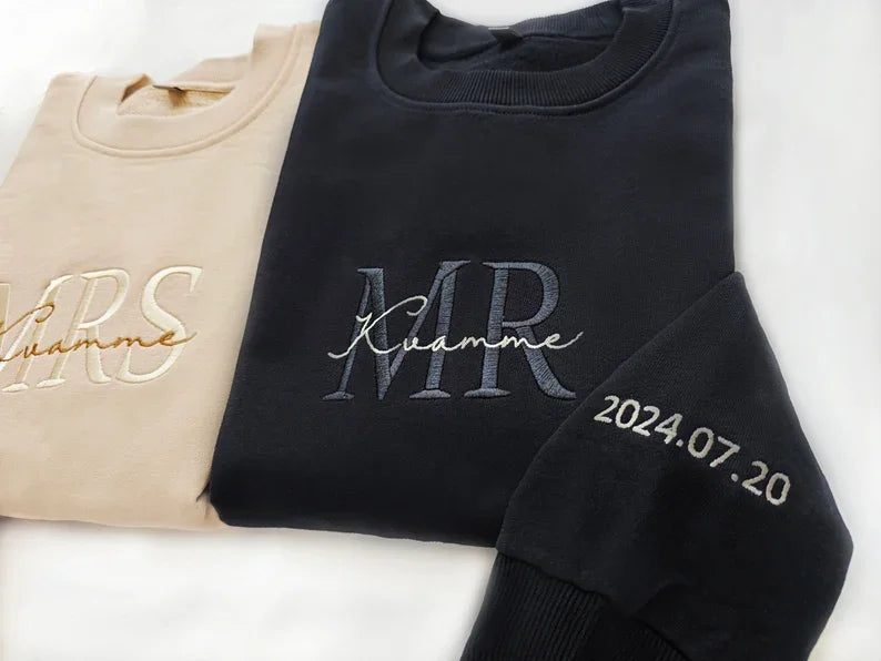 Custom Mrs. Embroidered Sweatshirt, Gift for future Mrs & Mr engagement gift, bride to be, date on sleeve, Valentine's Day gift