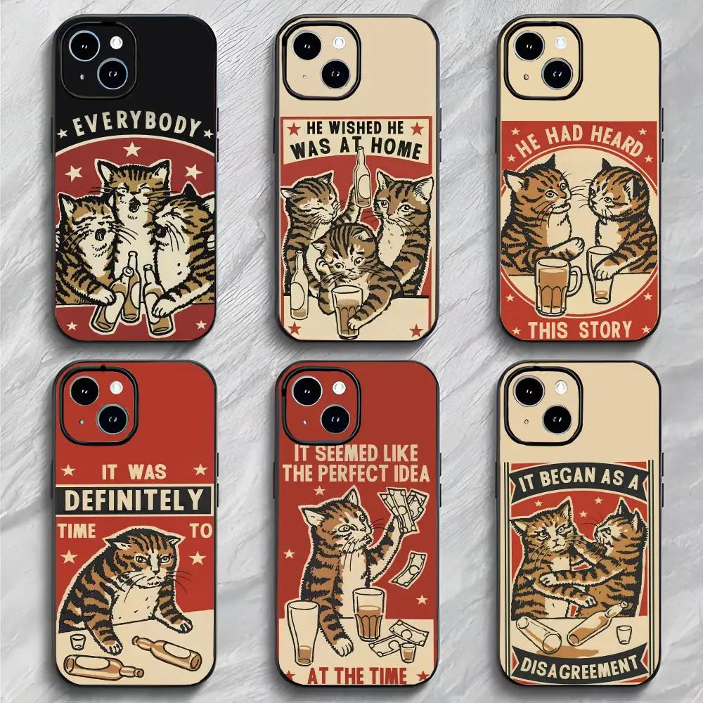 Drunk Cats Phone Case Black Matte Thin Phone Case For iPhone17 16 15 14 13 ProMax