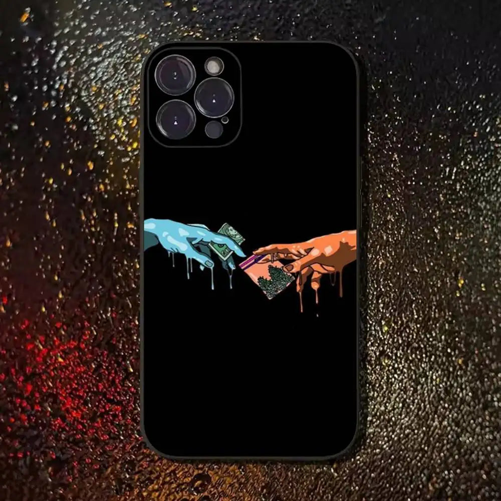 Leaf Weed 420 Smoking Phone Case For iPhone 17,16,15,14,13,12,11 Plus,Pro Max,XS,X,XR,SE,Mini,8,7,Soft Silicone Black Cover