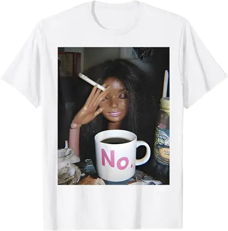 Y2k Cute Distressed Smoking Doll Face Drink Coffee Meme T-Shirt Humor Funny Doll Face Swimming Graphic Saying Tee Novelty Gift
