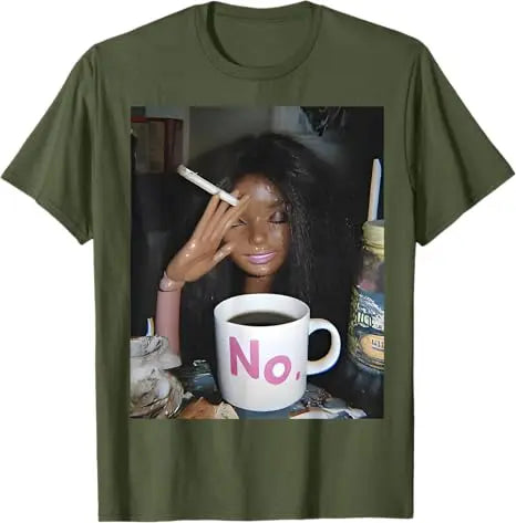 Y2k Cute Distressed Smoking Doll Face Drink Coffee Meme T-Shirt Humor Funny Doll Face Swimming Graphic Saying Tee Novelty Gift