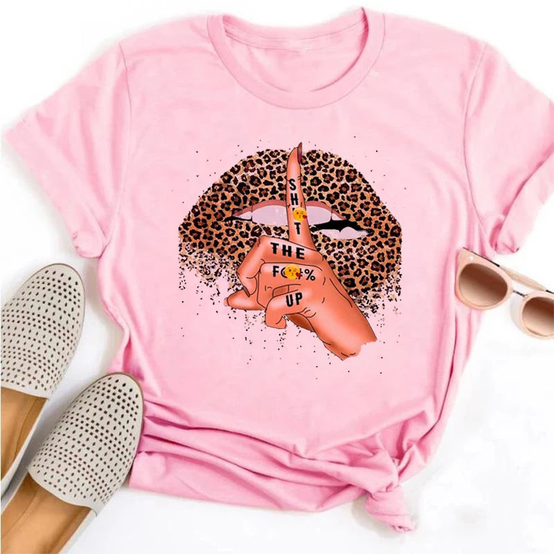 Women Summer Short Sleeve Tshirts Fashion Red Lips Finger Print Ladies T-shirts Top Cartoon Womens Graphic Tees T-Shirts