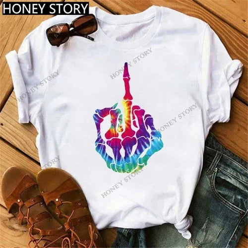 Funny Middle Finger T Shirt Gesture Middle Finger Printed Round Neck T-shirt Women Short Sleeve Harajuku