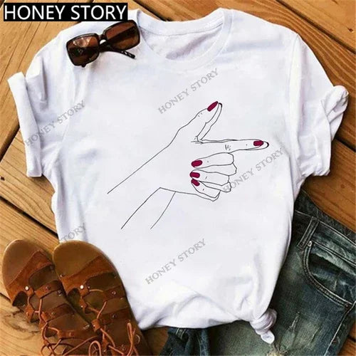 Funny Middle Finger T Shirt Gesture Middle Finger Printed Round Neck T-shirt Women Short Sleeve Harajuku