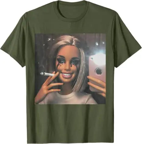 Dark Humor Doll Smoking Selfie Parody Sarcastic Joke Funny T-Shirt Novelty Gift Girls Fashion Aesthetic Clothes Streetwear Tee