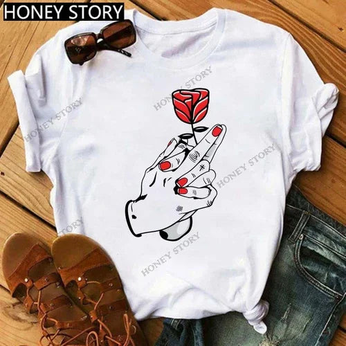 Funny Middle Finger T Shirt Gesture Middle Finger Printed Round Neck T-shirt Women Short Sleeve Harajuku