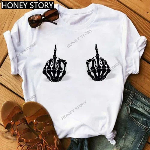 Funny Middle Finger T Shirt Gesture Middle Finger Printed Round Neck T-shirt Women Short Sleeve Harajuku