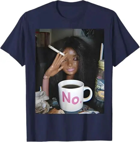 Y2k Cute Distressed Smoking Doll Face Drink Coffee Meme T-Shirt Humor Funny Doll Face Swimming Graphic Saying Tee Novelty Gift