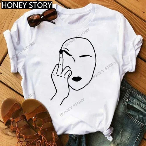 Funny Middle Finger T Shirt Gesture Middle Finger Printed Round Neck T-shirt Women Short Sleeve Harajuku