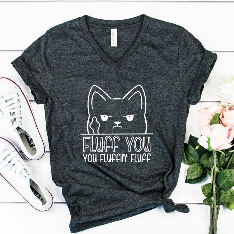 Middle Finger Cat You Fluffin Fluff Print T Shirt Women V Neck Vintage Tshirt Short Sleeve Tee Funny Animal Cats Women T-shirt