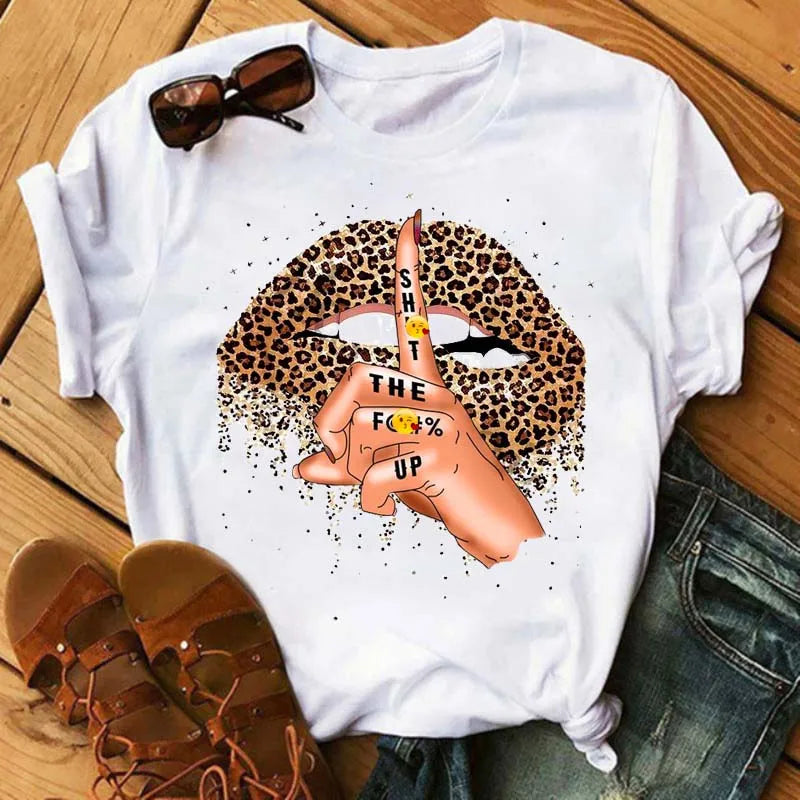 Women Summer Short Sleeve Tshirts Fashion Red Lips Finger Print Ladies T-shirts Top Cartoon Womens Graphic Tees T-Shirts