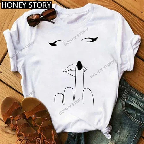 Funny Middle Finger T Shirt Gesture Middle Finger Printed Round Neck T-shirt Women Short Sleeve Harajuku