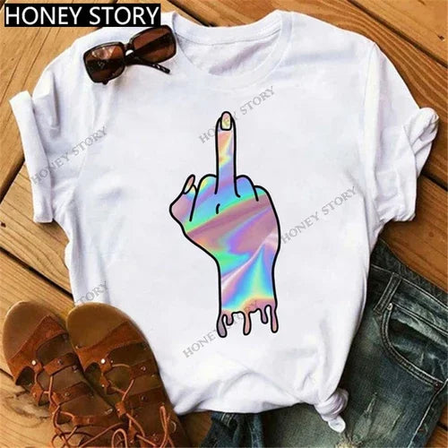 Funny Middle Finger T Shirt Gesture Middle Finger Printed Round Neck T-shirt Women Short Sleeve Harajuku