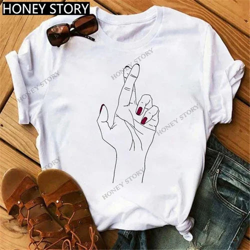 Funny Middle Finger T Shirt Gesture Middle Finger Printed Round Neck T-shirt Women Short Sleeve Harajuku