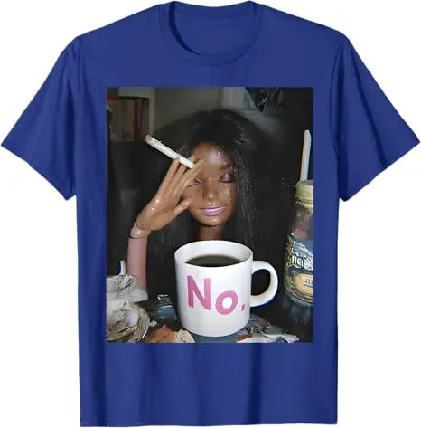 Y2k Cute Distressed Smoking Doll Face Drink Coffee Meme T-Shirt Humor Funny Doll Face Swimming Graphic Saying Tee Novelty Gift
