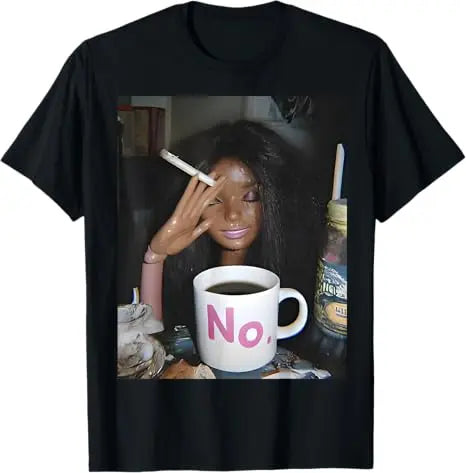 Y2k Cute Distressed Smoking Doll Face Drink Coffee Meme T-Shirt Humor Funny Doll Face Swimming Graphic Saying Tee Novelty Gift