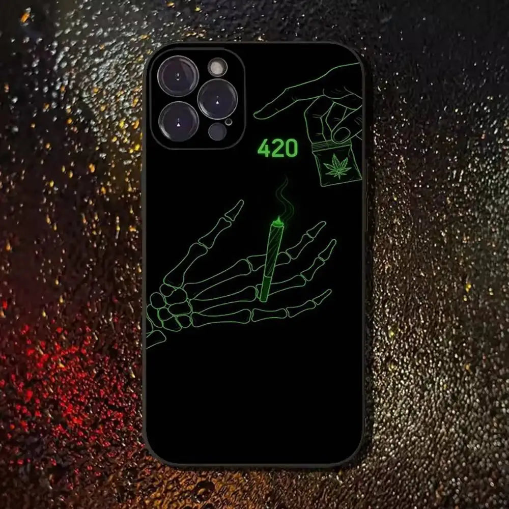 Leaf Weed 420 Smoking Phone Case For iPhone 17,16,15,14,13,12,11 Plus,Pro Max,XS,X,XR,SE,Mini,8,7,Soft Silicone Black Cover