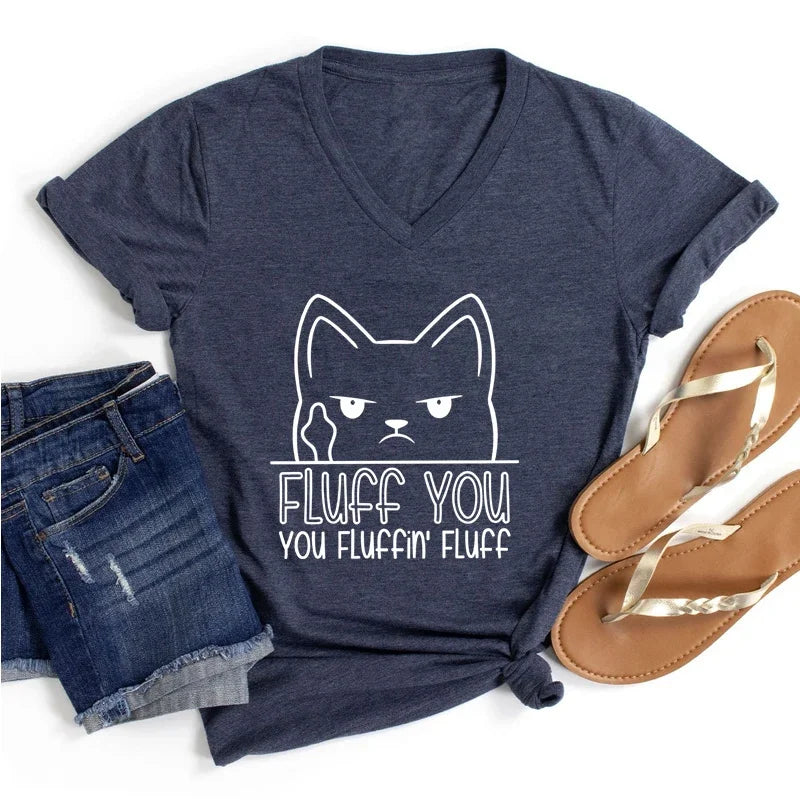 Middle Finger Cat You Fluffin Fluff Print T Shirt Women V Neck Vintage Tshirt Short Sleeve Tee Funny Animal Cats Women T-shirt