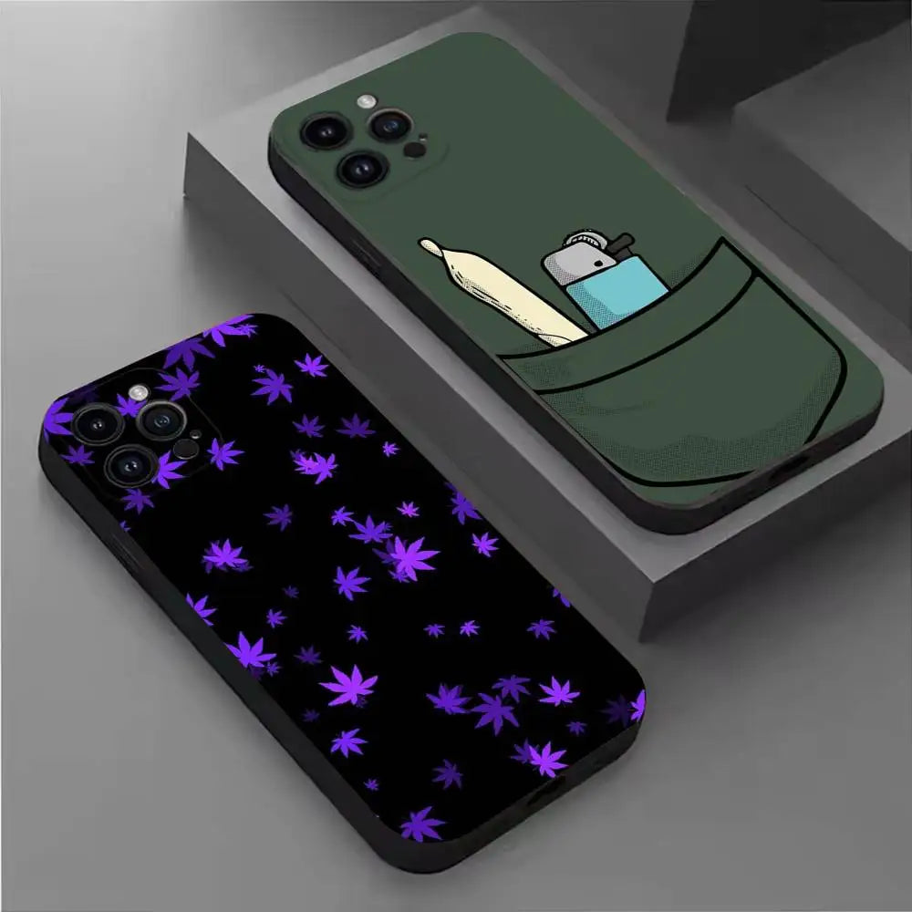 Leaf Weed 420 Smoking Phone Case For iPhone 17,16,15,14,13,12,11 Plus,Pro Max,XS,X,XR,SE,Mini,8,7,Soft Silicone Black Cover