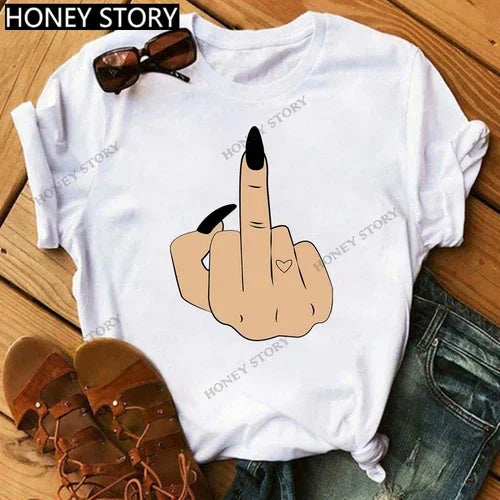 Funny Middle Finger T Shirt Gesture Middle Finger Printed Round Neck T-shirt Women Short Sleeve Harajuku