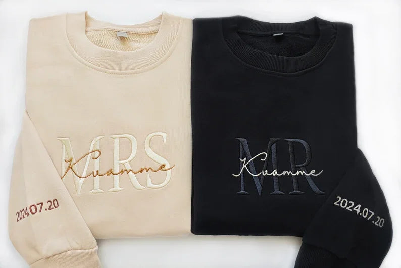 Custom Mrs. Embroidered Sweatshirt, Gift for future Mrs & Mr engagement gift, bride to be, date on sleeve, Valentine's Day gift